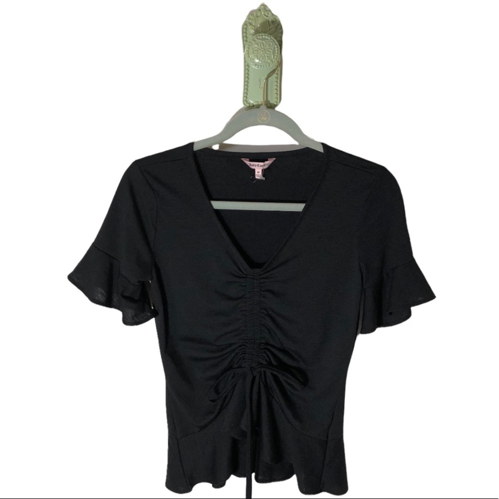 𝅺Juicy Couture NEW Ruched y2k 90s Ruffle Sleeve Corset Tie Poet Shirt Black